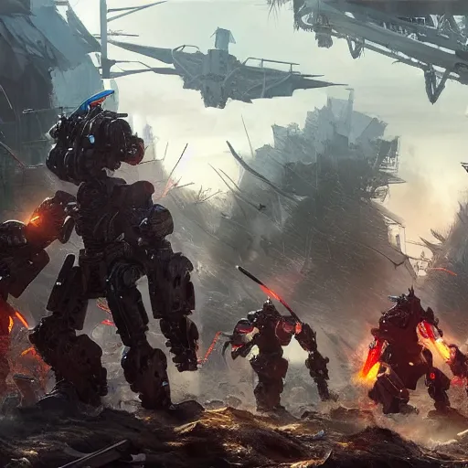 Image similar to Ragtag human militia fighting advanced humanoid combat robots in a devastated village in 2020, close up combat photography by Feng Zhu, highly detailed, excellent composition, cinematic concept art, dramatic lighting, trending on ArtStation