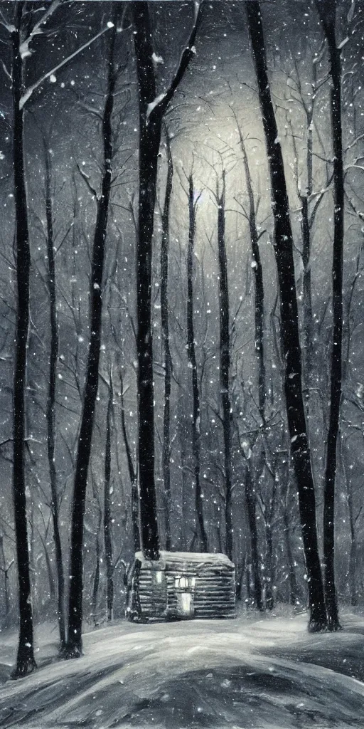 Image similar to snowy forest night scene in a single wooden cabin surrounded by the woods with one illuminated window, horror dark contrast, oil painting