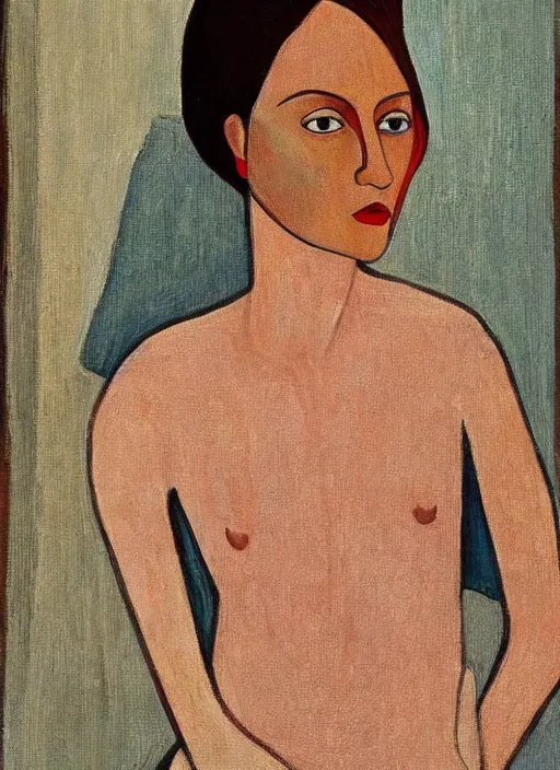 Image similar to a painted portrait of a modern women, art by felice casorati, aesthetically pleasing and harmonious natural colors, expressionism, natural light, fine day, portrait