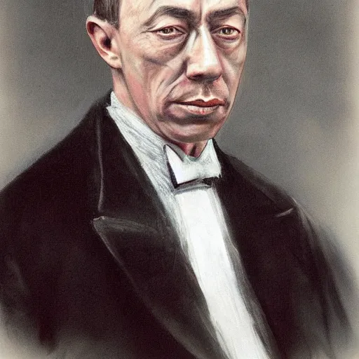 Prompt: Portrait of Rachmaninoff, full colour, detailed, realistic