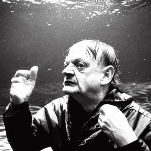 Prompt: mark e smith swimming underwater, about to catch a big fish