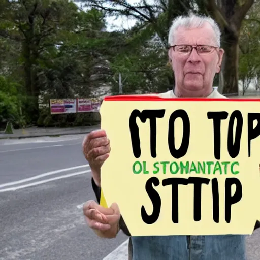 Image similar to of an environmentalist holding up a plastic sign saying stop using oil now photorealistic