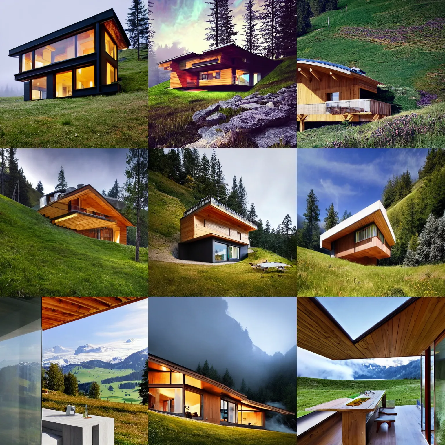 Prompt: a cozy chalet on a grassy slope up in the clouds colorful architectural concept design based on Swiss house