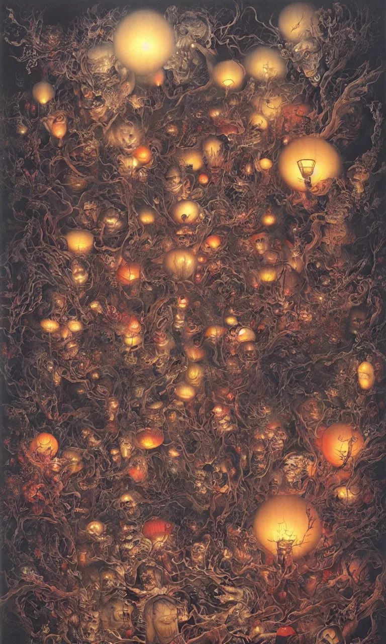 Image similar to 中 国 鬼 节, in the ghost city, evil spirits roam with lanterns, psychedelic lights and fog, zdzislaw, ayami kojima, yamamoto, barclay shaw, karol bak