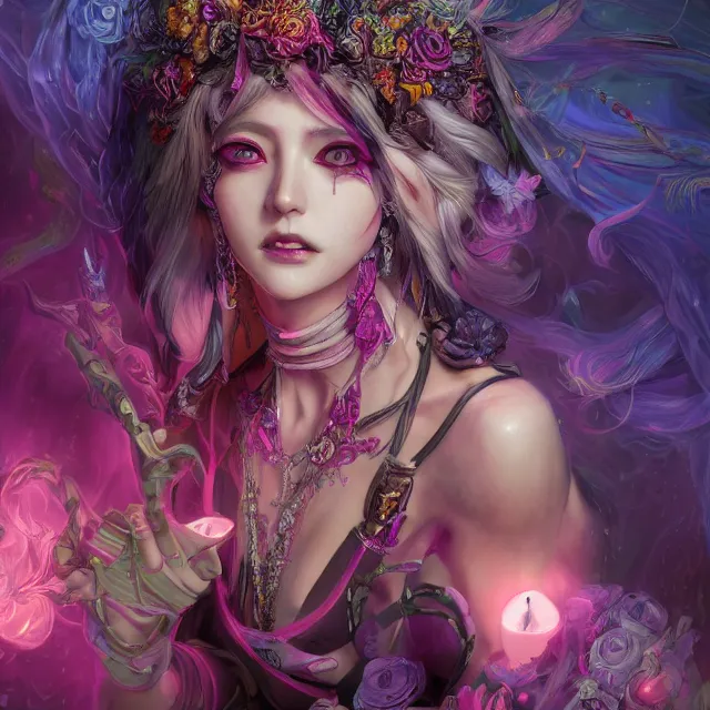 Prompt: the portrait of chaotic evil fallen sensual colorful female necromancer overlord as absurdly beautiful, gorgeous, elegant, young idol, an ultrafine hyperdetailed illustration by kim jung gi, irakli nadar, detailed faces, intricate linework, octopath traveler, final fantasy, unreal engine highly rendered, global illumination, radiant light, detailed and intricate environment