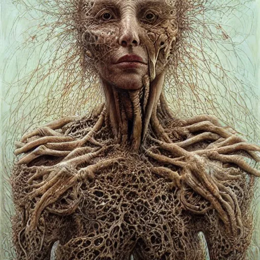 Image similar to Broken god, hyper-realistic oil painting, Body horror, biopunk, by Peter Gric, Marco Mazzoni