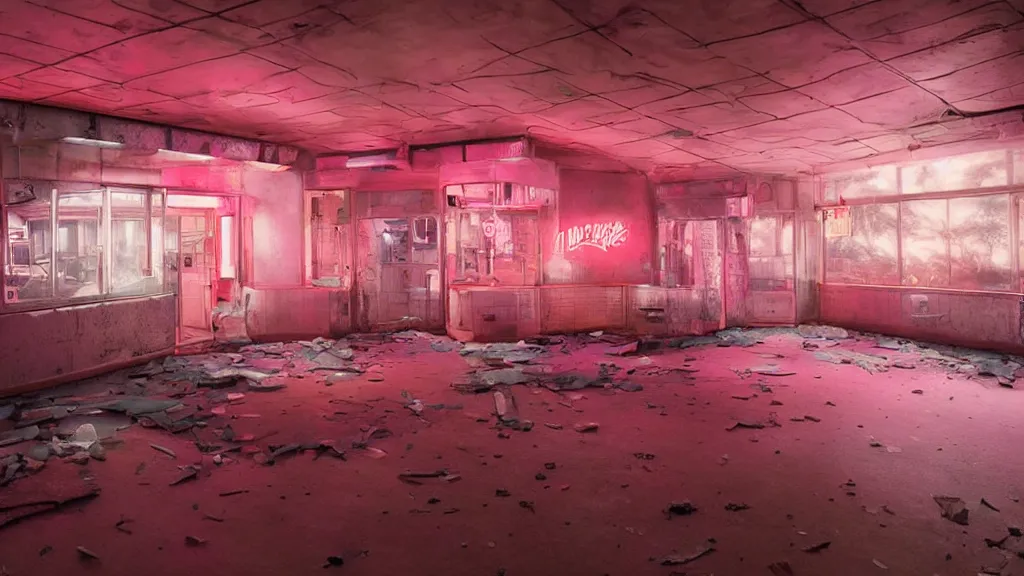 Image similar to the inside of an abandoned retro diner at night, by lee madgwick and bastien lecouffe - deharme, pink and orange neon lights, highly detailed interior, artstation trending, cryenging 8 k uhd