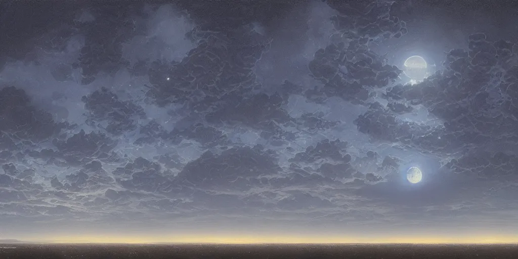 Image similar to the cloudy moonlit sky, landscape art by donato giancola and greg rutkowski, digital art, trending on artstation, symmetry!!, volumetric lighting, hdr, high contrast starry night