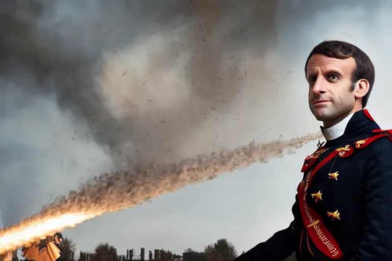 Image similar to closeup portrait of emmanuel macron dressed as napoleon firing cannons from his arms, natural light, sharp, detailed face, magazine, press, photo, steve mccurry, david lazar, canon, nikon, focus