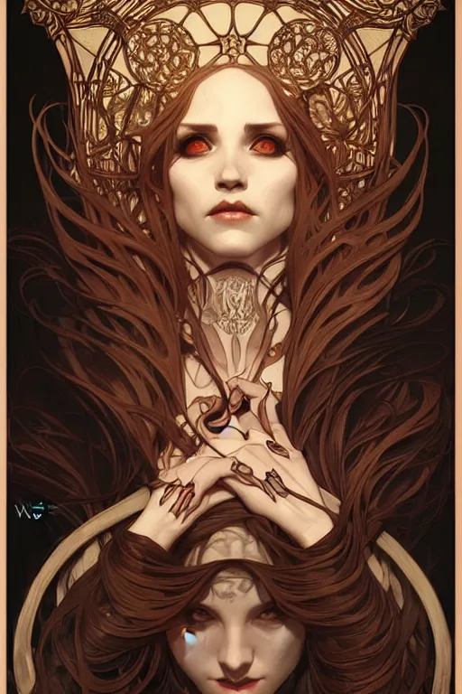 Image similar to witcraft, the occult, horrific, dark fantasy, intricate, elegant, highly detailed, digital painting, artstation, concept art, matte, sharp focus, illustration, art by artgerm and alphonse mucha