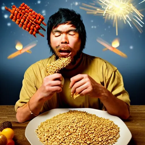 Image similar to battle weary samurai eating king wheat cereal as missiles fly above him