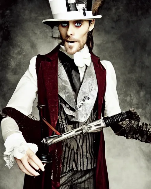 Image similar to Fashion Editorial of actor Jared Leto in an Sandy Powell designed Victorian Era Steampunk dress, wearing a top Hat and holding a Silver Cane, photographed in the Style of Annie Leibovitz