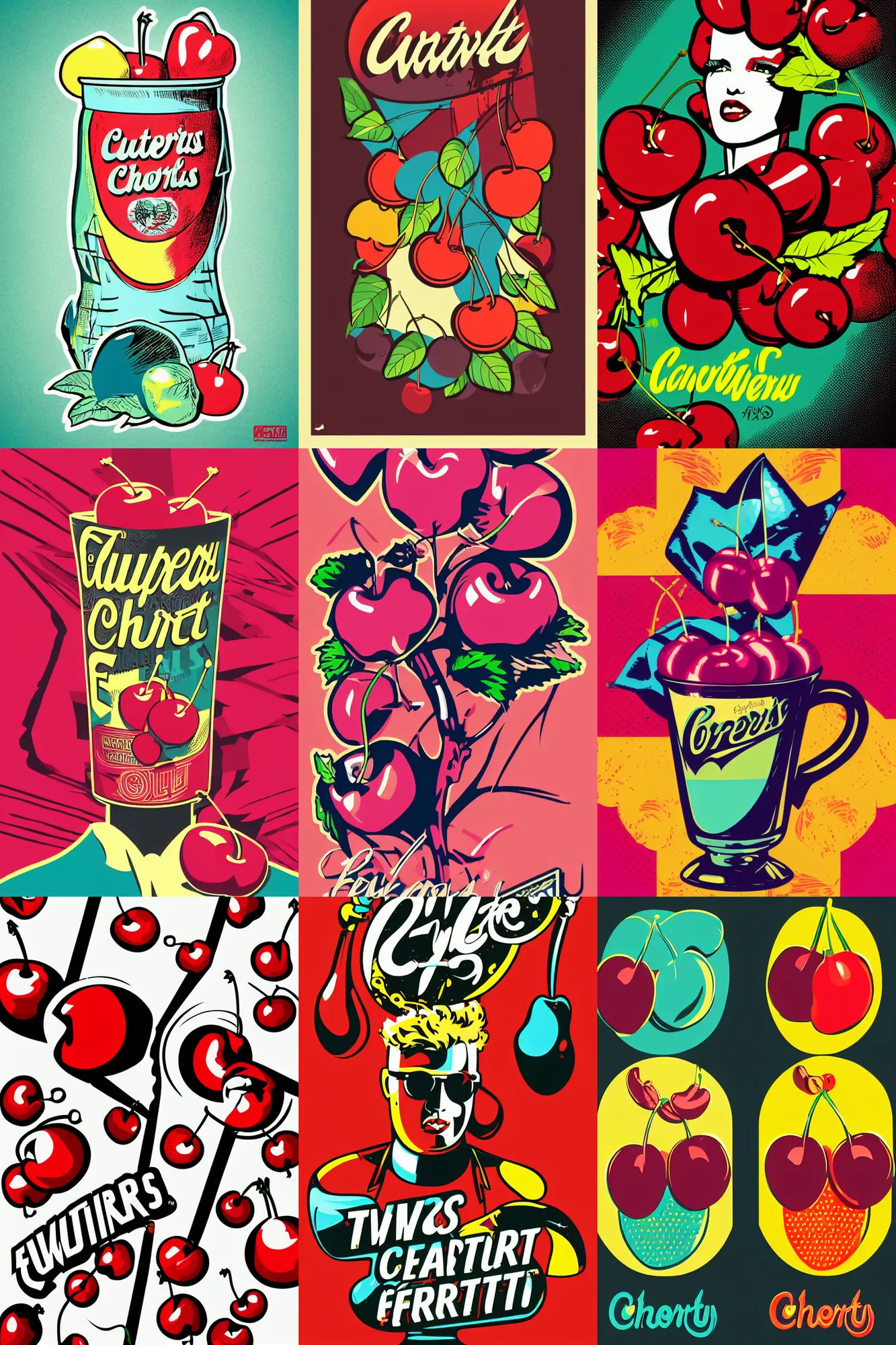 Prompt: two cherries retro futurist illustration art by butcher billy, sticker, colorful, illustration, highly detailed, simple, smooth and clean vector curves, no jagged lines, vector art, smooth andy warhol style