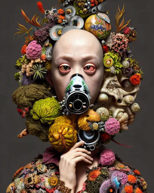 Image similar to a maximalist biomorphic portrait with with large eyes, expressive, wearing a botanical gas mask by arcimboldo, baroque painting by ayami kojima, mark ryden, haunting surrealism by dali, statue, high fashion, focus on head, soft light, 4 k, octane high quality render