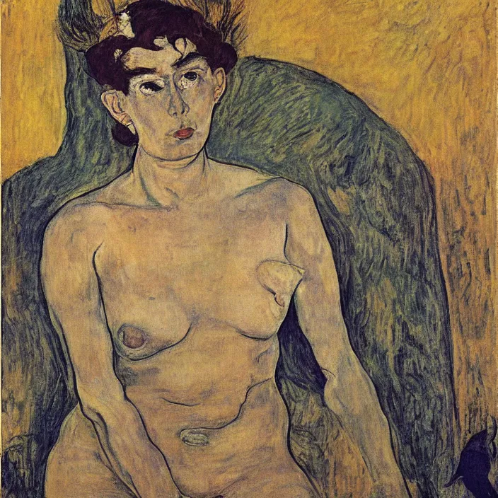 Image similar to portrait of a panther woman. henri de toulouse - lautrec,, egon schiele, aubrey beardsley, moebius