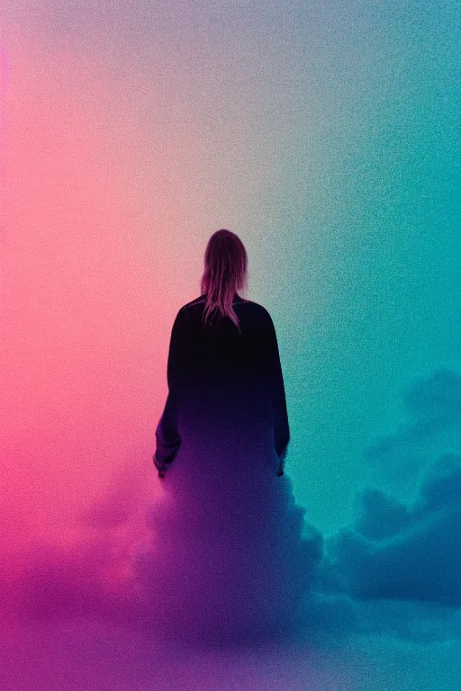 Image similar to high quality pastel coloured film photograph of a model wearing clothing resting on cloud furniture in a icelandic black rock environment in a partially haze filled dreamstate world. three point light, rainbow. photographic production. art directed. pastel colours. volumetric clouds. pastel gradient overlay. waves glitch artefacts. 8 k. filmic.