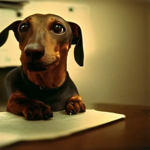 Prompt: dachshund in a dimly lit office, 1960s, Kodachrome