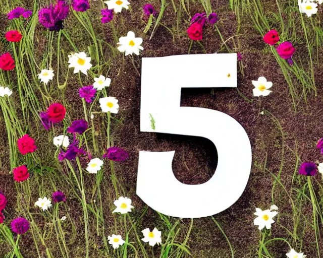 Prompt: the ancient and mysterious number 5, typography, the number 5 sitting alone in a field of flowers