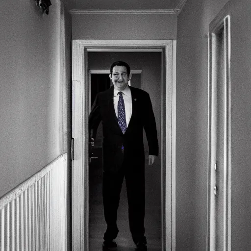 Image similar to Ted Cruz with a wide grin peaking through a door in the distance at the end of a narrow corridor, black and white, creepy lighting, scary, horror, ornate, eerie, fear