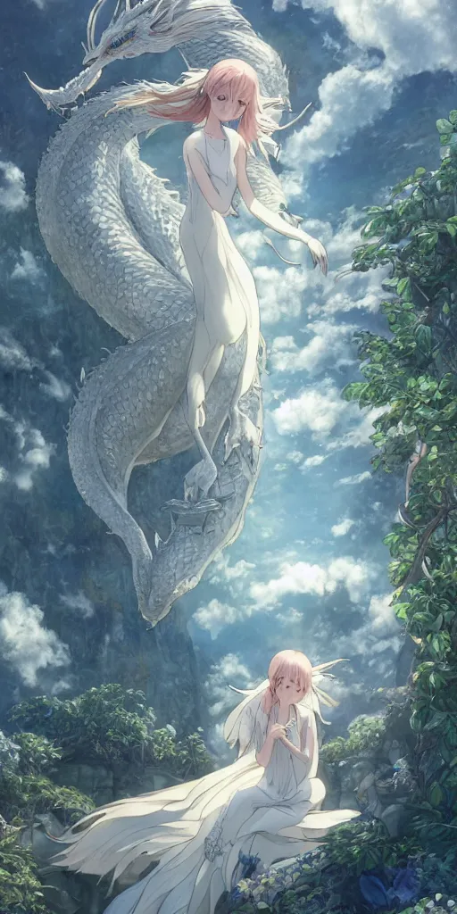 Image similar to the beautiful hyper detailed scene render that a lonely beautiful girl lies in the arms of a huge silver white dragon alone in fairyland surrounded by white clouds, finely detailed angelic face delicate features, style of studio ghibli, makoto shinkai, raphael lacoste, louis comfort tiffany, artgerm, james jean, ross tran, animation style, hd, ultra wide angle