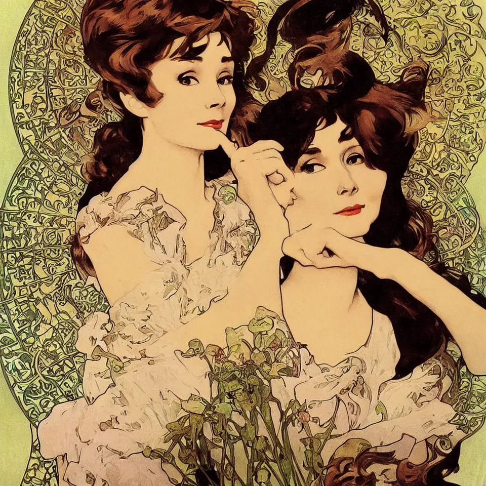 Image similar to audrey hepburn in breakfast at tiffany's by alphonse mucha, art nouveau