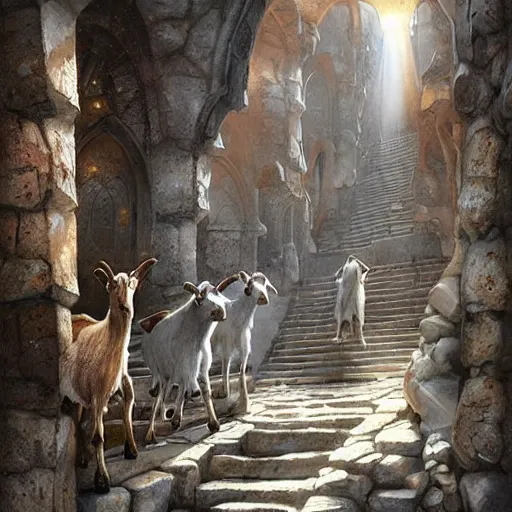 Image similar to a herd of goats! climbing stairs in a beautiful fantasy castle made from white stone and bright copper, medieval city, metropolis, magic, tall towers, sunlight, white marble, god rays, digital art, landscape, fantasy art, octane render, unreal engine, high detail, very realistic, by greg rutkowski. by james gurney