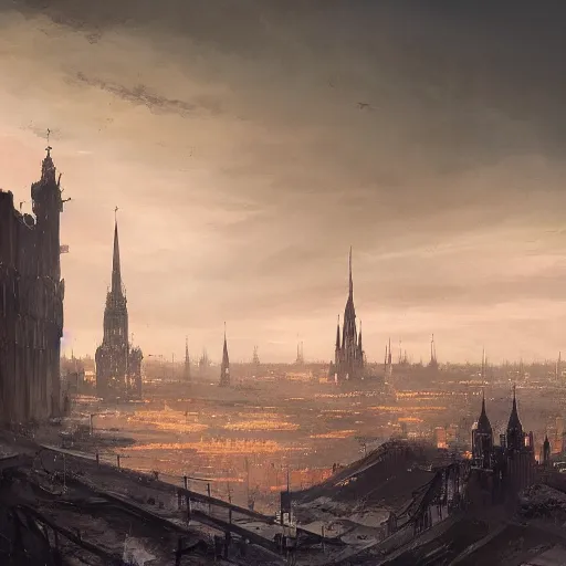 Image similar to saint petersbourg in a post apocalyptic earth as seen by greg rutkowski, dark theme, enchanted, warm colors, high quality, waw, trending on artstation