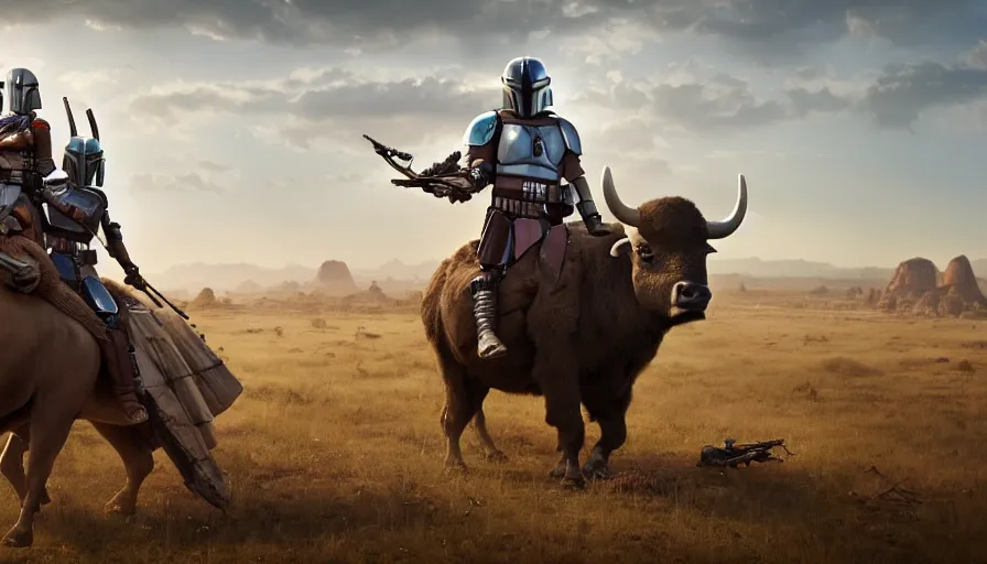 Prompt: mandalorian riding a buffalo alone, madagascar with baobabs trees in the background, action scene, an epic fantasy, artgerm and greg rutkowski and alphonse mucha, an epic fantasy, volumetric light, detailed, establishing shot, cinematic, photorealistic, hyper detailed, ultra realistic, trending on art station, octane render, midsommar