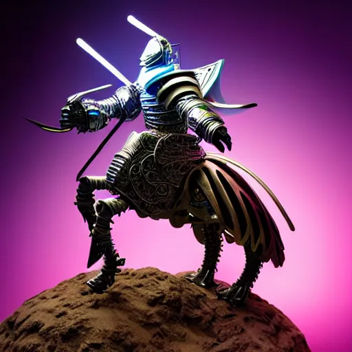 Image similar to A cyber knight riding on a giant beetle, highly detailed, fantasy, highly detailed supercomplex and intricate digital clay sculpture, ambient lighting, product photo studio lighting