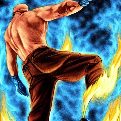 Image similar to buff Walter White kicking blue fire, accurate anatomy, accurate hands, highly detailed, digital art, epic, masterpiece,