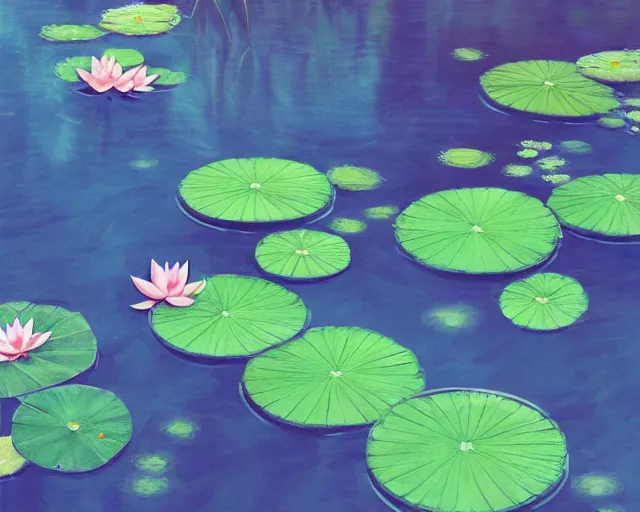 Prompt: koi pond, lotus flowers, dark blue water, green lily pads, goldfish, a fantasy digital painting by makoto shinkai and Alena Aenami, trending on artstation,