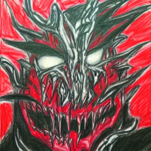 Image similar to fan art of carnage, 6 year old, crayons, paper,