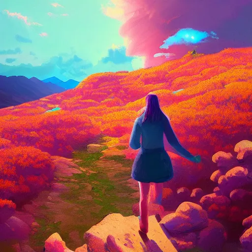 Image similar to giant carnation flower as a head, girl hiking in a canyon, surreal photography, sunrise, dramatic light, impressionist painting, colorful clouds, digital painting, artstation, simon stalenhag