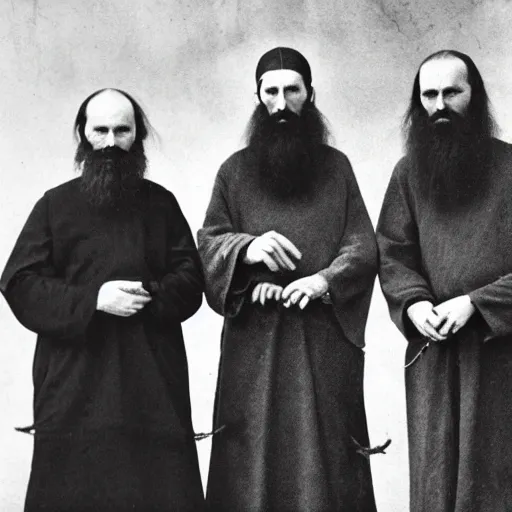 Image similar to photo of breton monks looking like rasputin, with a goat