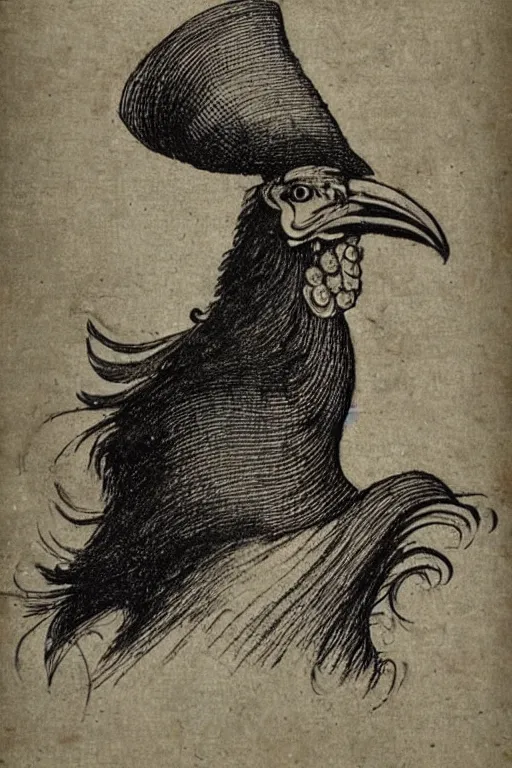 Prompt: portrait of a rooster, with top hat!!! and monocle!!!, by leonardo da vinci