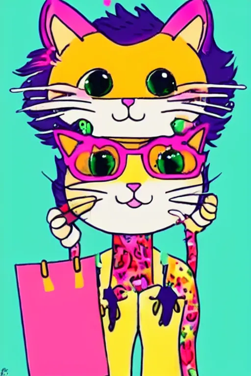 Prompt: i really love cat with paper bag on head + cute + adorable animation + lisa frank + kawaii