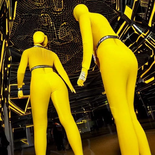 Image similar to love, diverse yellow cybersuits, from behind, connection rituals, wide wide angle, vivid, elaborate, highly detailed, beautiful lighting