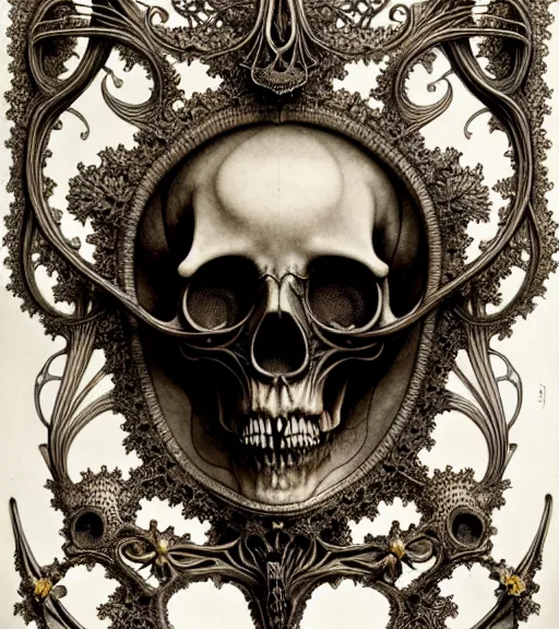 Image similar to art forms of nature by ernst haeckel, memento mori by arthur rackham, ornate antique porcelain beautiful skull mask, ultrasharp, photorealistic, hyperdetailed, octane render, polished, art nouveau, neo - gothic, gothic, intricate ornamental organic filigree, art nouveau botanicals, art forms of nature by ernst haeckel, horizontal symmetry, symbolist, visionary