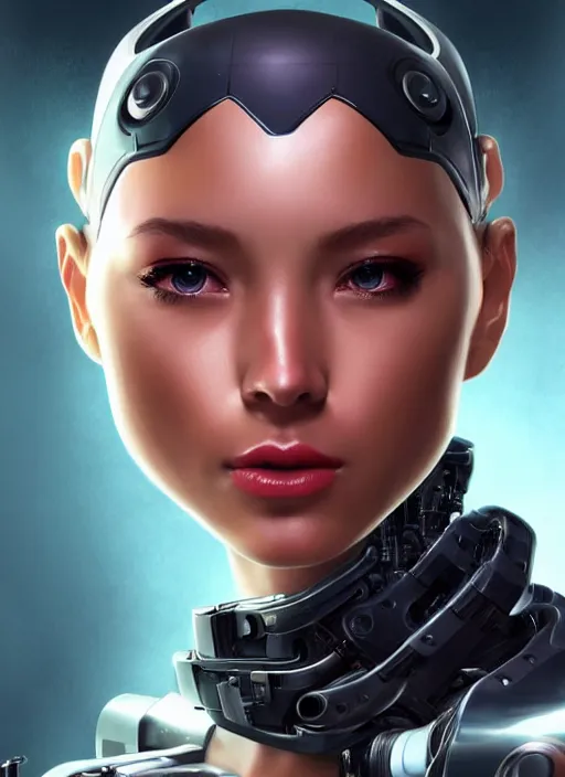 Image similar to portrait of a cyborg woman who turns her head to the right!!!!! (((((left))))) (((((up))))) (((((down))))) by Artgerm,eyes closed , biomechanical, hyper detailled, trending on artstation