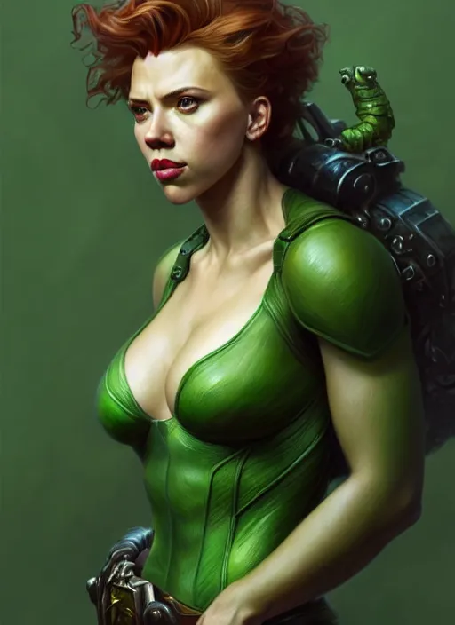 Image similar to portrait of scarlett johansson as a goblin, d & d, muscular! green, fantasy, intricate, elegant, highly detailed, digital painting, artstation, concept art, smooth, sharp focus, illustration, art by artgerm and greg rutkowski and alphonse mucha