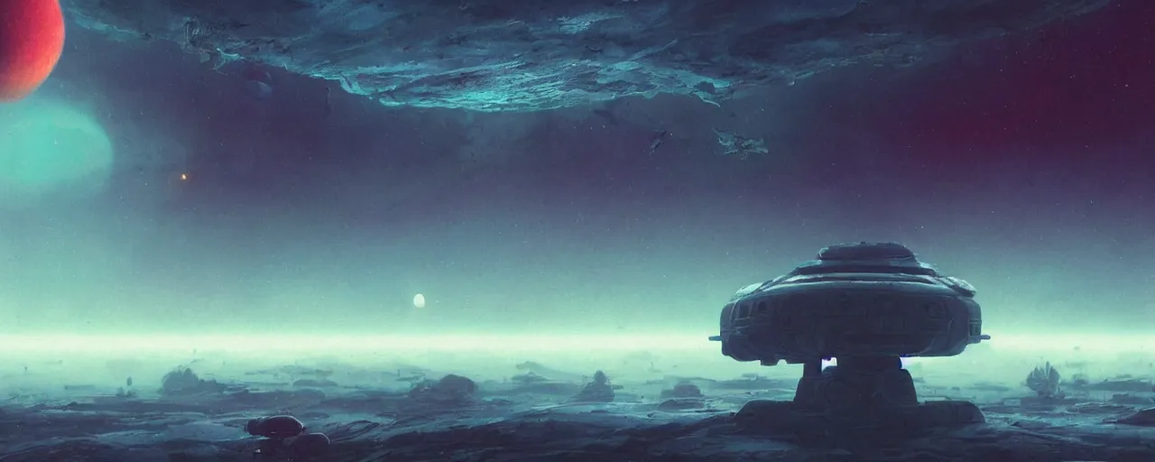 Prompt: ” outer planet with thick fog and distant spaceship dock, [ cinematic, detailed, epic, widescreen, opening, establishing, mattepainting, photorealistic, realistic textures, octane render, art by paul lehr ] ”