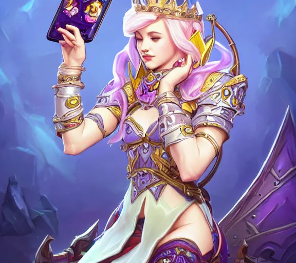 Image similar to bored queen checking her cell phone phone, fantasy, whimsical, dungeons and dragons, league of legends splash art, heroes of the storm splash art, hearthstone splash art, world of warcraft splash art, overwatch splash art, art by artgerm, art by alphonse mucha, intricately detailed, highly detailed, trending on artstation, 4 k, wallpaper