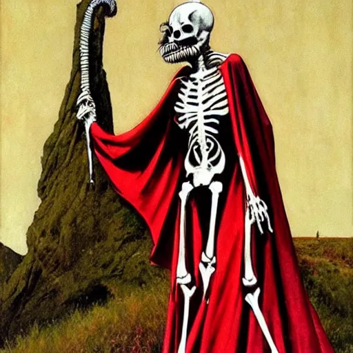 Prompt: flowing, evocative by robert mcginnis. a beautiful body art of a horned, red - eyed, skeleton - like creature, with a long black cape, & a staff with a snake wrapped around it, standing in front of a castle atop a cliff.