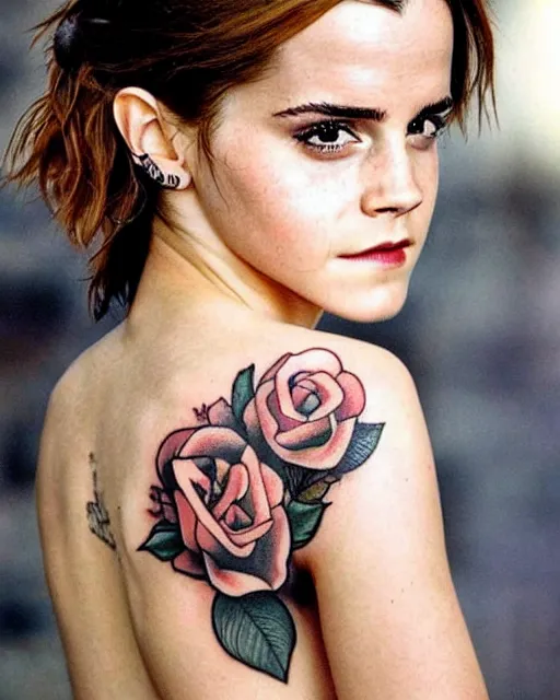 Image similar to emma watson, dope tattoo, hyperrealistic