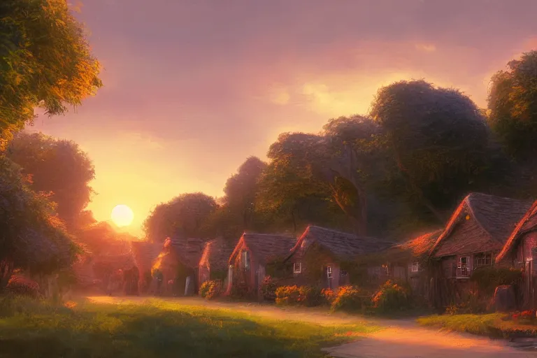 Image similar to sunset over the cottages in the shire, ghibli, artstation, award wining, rutkowski, shinkai