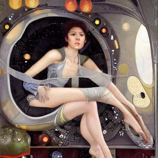 Prompt: epic masterpiece full body portrait a beautiful woman, with a beautiful face and flawless skin, lounging inside a spaceship on silver tufted cushions, by Edgar Maxence and Ross Tran and Michael Whelan