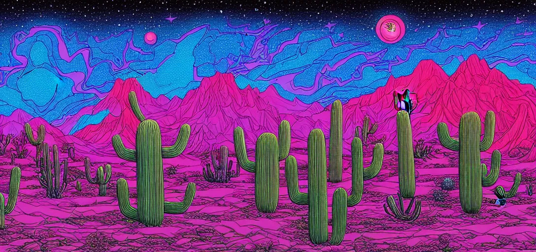 Image similar to A hand drawn digital still of mystical desert with strange ethereal creatures and cactus with a psychedelic night sky in the style of Alex Grey and Moebius, risograph, Artstation HD, 8k, Surrealistic digital artwork,