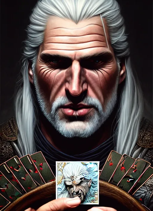 Prompt: closeup portrait shot of geralt of rivia smirking and holding cards, intricate, elegant, highly detailed, centered, digital painting, artstation, concept art, smooth, sharp focus, illustration, artgerm, tomasz alen kopera, peter mohrbacher, donato giancola, joseph christian leyendecker, wlop, boris vallejo