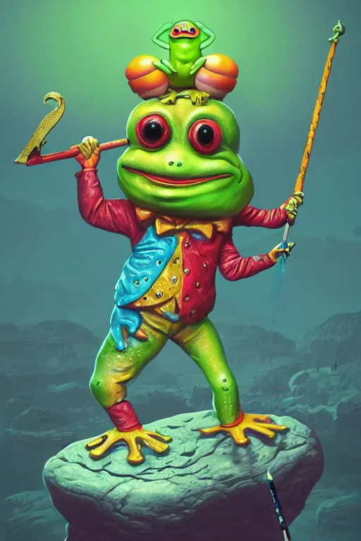 Image similar to clown frog king pulls the sword from the stone, artwork by Todd Schorr, 3D rendering by Beeple