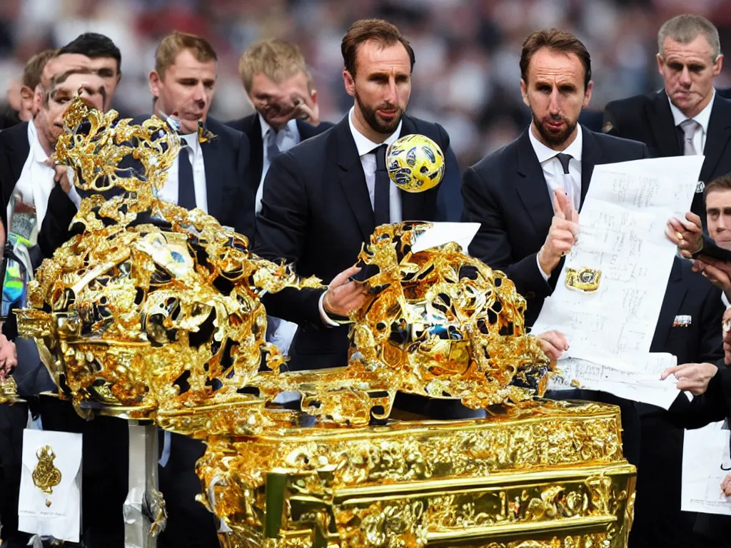 Image similar to a solemn perfect photograph of gareth southgate placing a soccer ball into an intricate gold coffin decorated with hate mail.